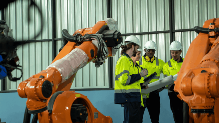 A group of engineers in safety gear discuss plans while surrounded by large industrial robotic arms in a factory, highlighting teamwork between humans and machines enabled by AI and Automation.