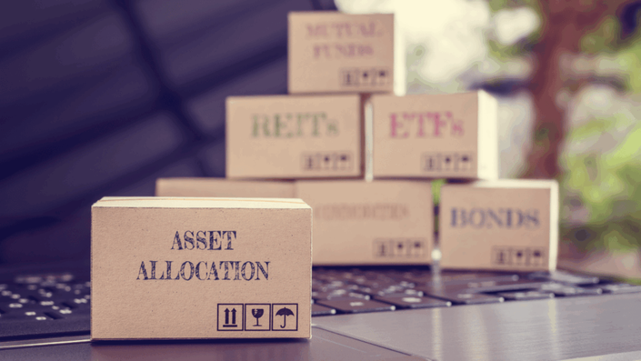 Asset allocation boxes representing different types of investments, including Mutual Funds, REITs, ETFs, Bonds, showing the importance of a balanced investment portfolio.